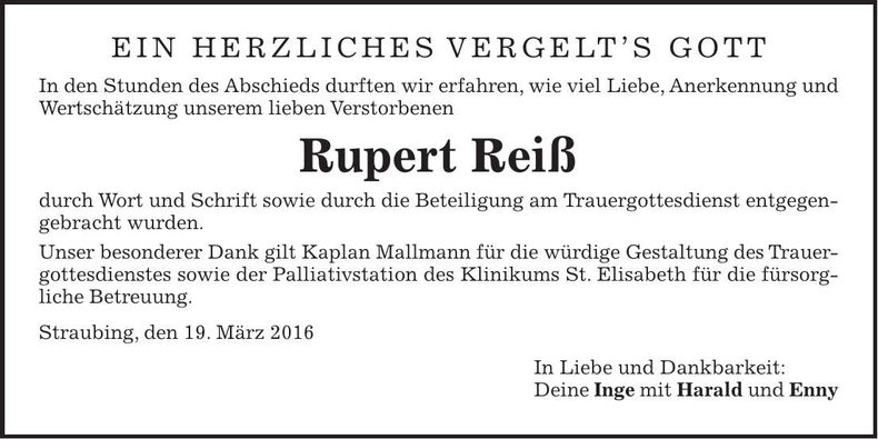 Traueranzeige Rupert Reiß