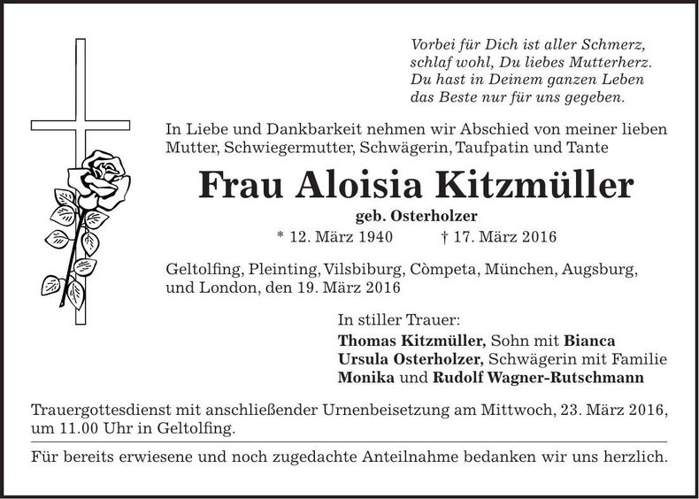 Traueranzeige Aloisia Kitzmüller