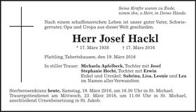 Traueranzeige Josef Hackl