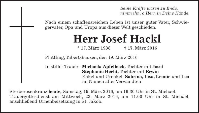 Traueranzeige Josef Hackl