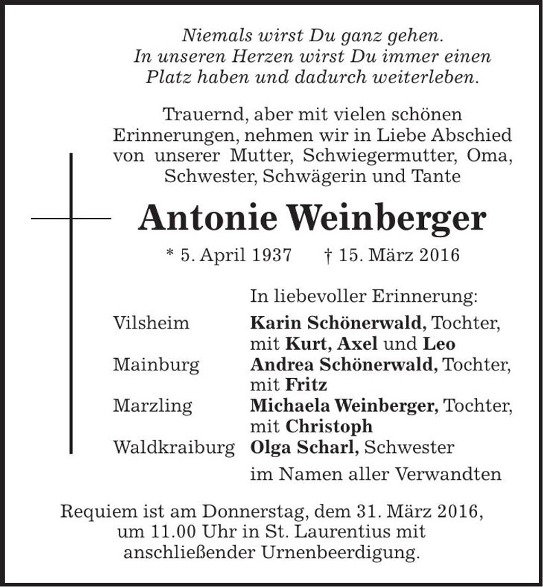Traueranzeige Antonia Weinberger