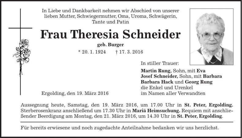 Traueranzeige Theresia Schneider