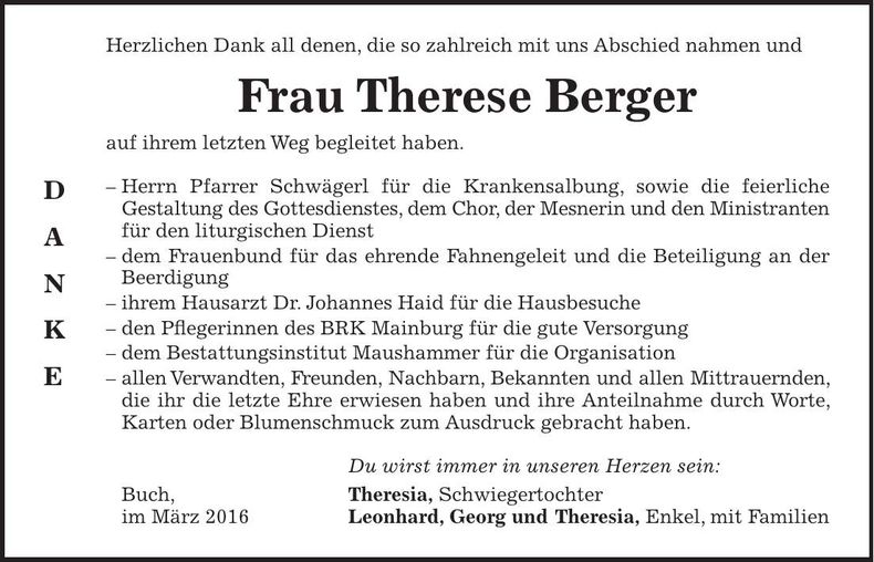 Traueranzeige Therese Berger