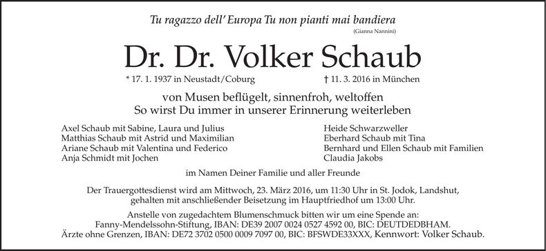 Traueranzeige Volker Schaub