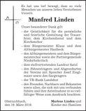 Traueranzeige Manfred Linden