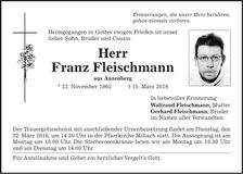 Traueranzeige Franz Fleischmann