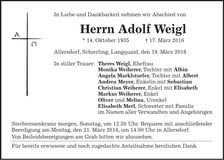 Traueranzeige Adolf Weigl