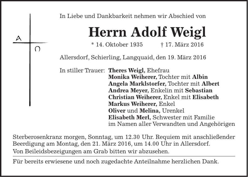Traueranzeige Adolf Weigl