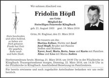Traueranzeige Fridolin Höpfl