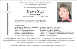 Traueranzeige Beate Sigl