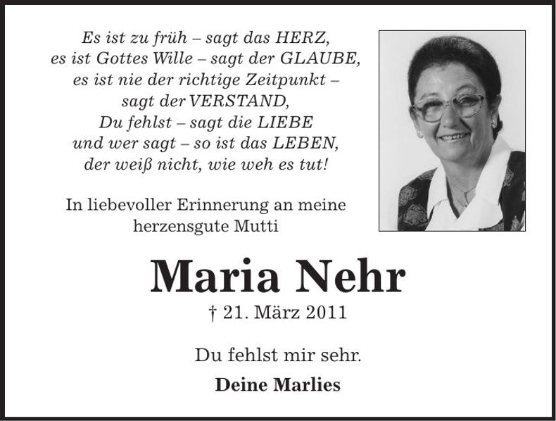 Traueranzeige Maria Nehr