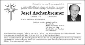 Traueranzeige Josef Aschenbrenner