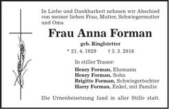 Traueranzeige Anna Forman