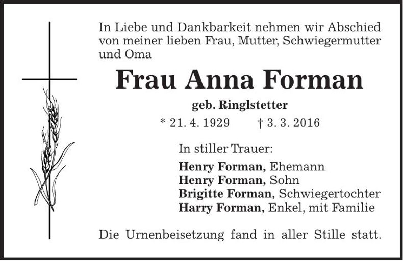Traueranzeige Anna Forman