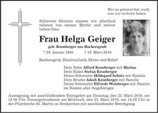 Traueranzeige Helga Geiger