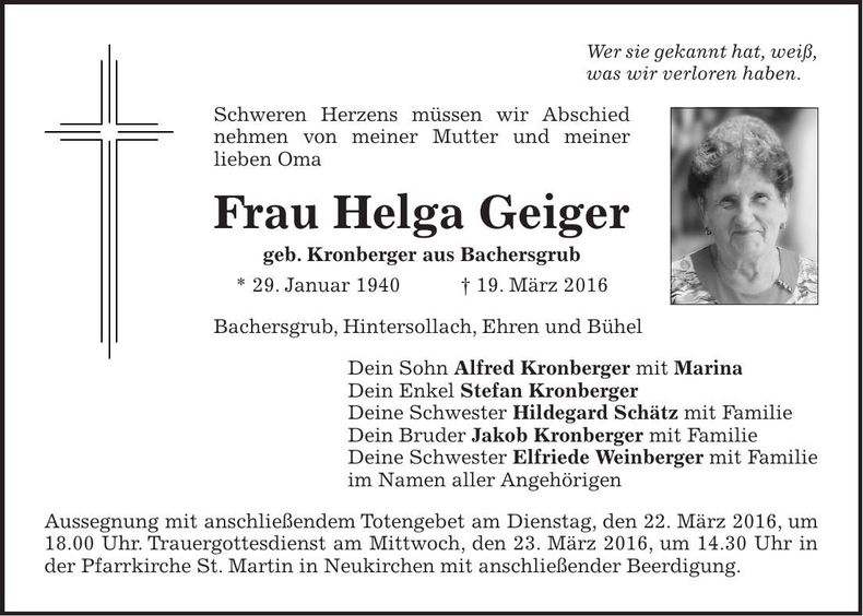 Traueranzeige Helga Geiger