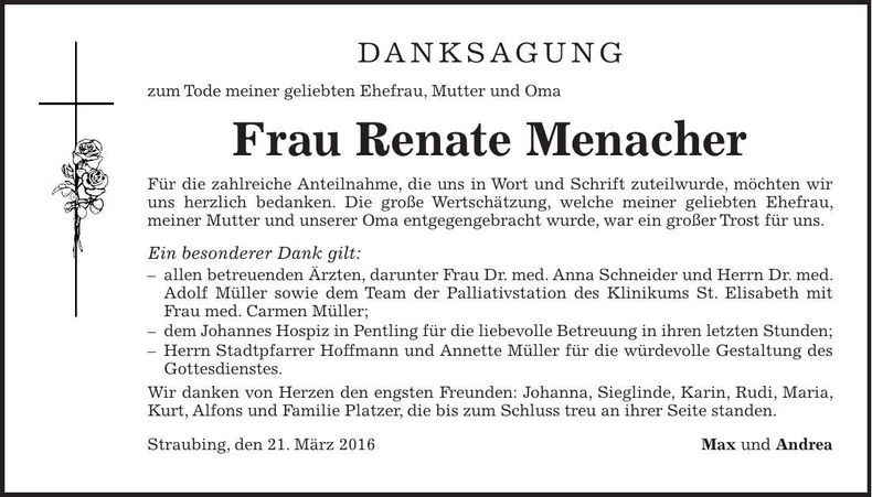 Traueranzeige Renate Menacher