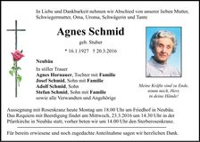 Traueranzeige Agnes Schmid