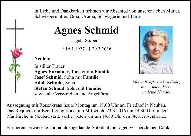 Traueranzeige Agnes Schmid