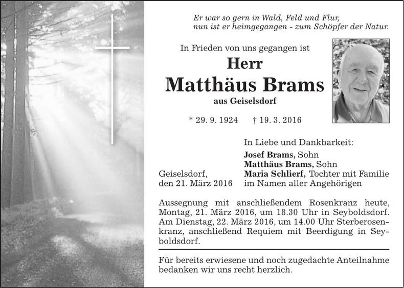 Traueranzeige Matthäus Brams