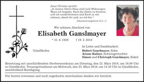 Traueranzeige Elisabeth Ganslmayer