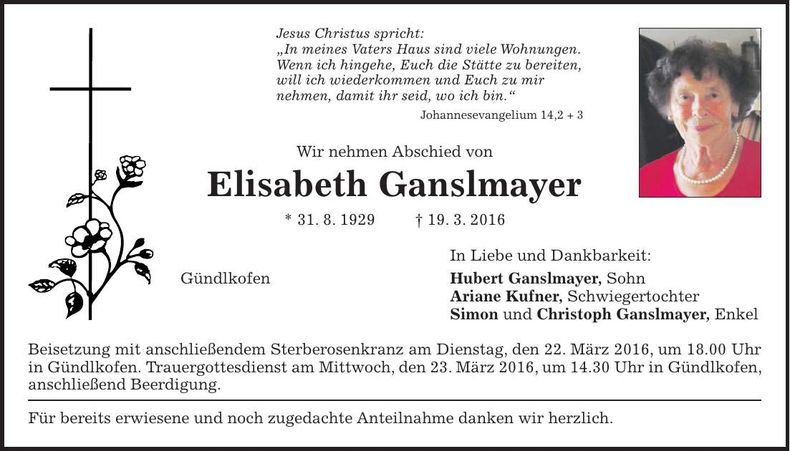 Traueranzeige Elisabeth Ganslmayer