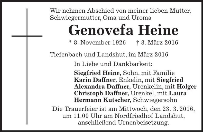 Traueranzeige Heine Genovefa