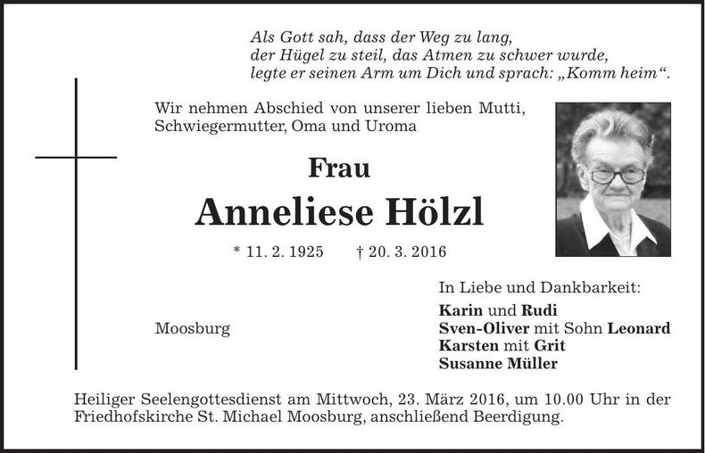 Traueranzeige Anneliese Hölzl