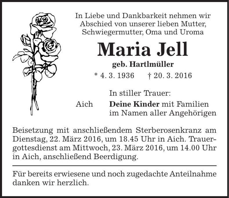 Traueranzeige Maria Jell