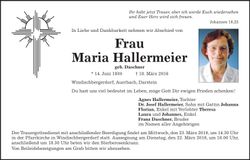 Traueranzeige Maria Hallermeier