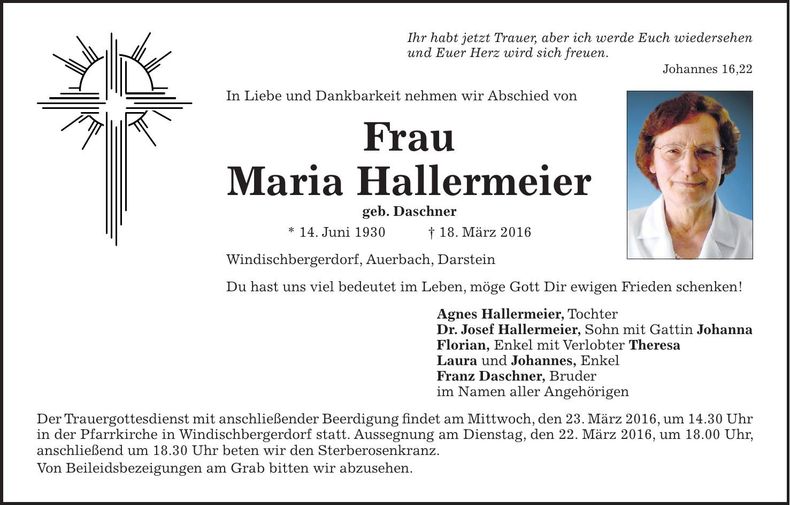 Traueranzeige Maria Hallermeier