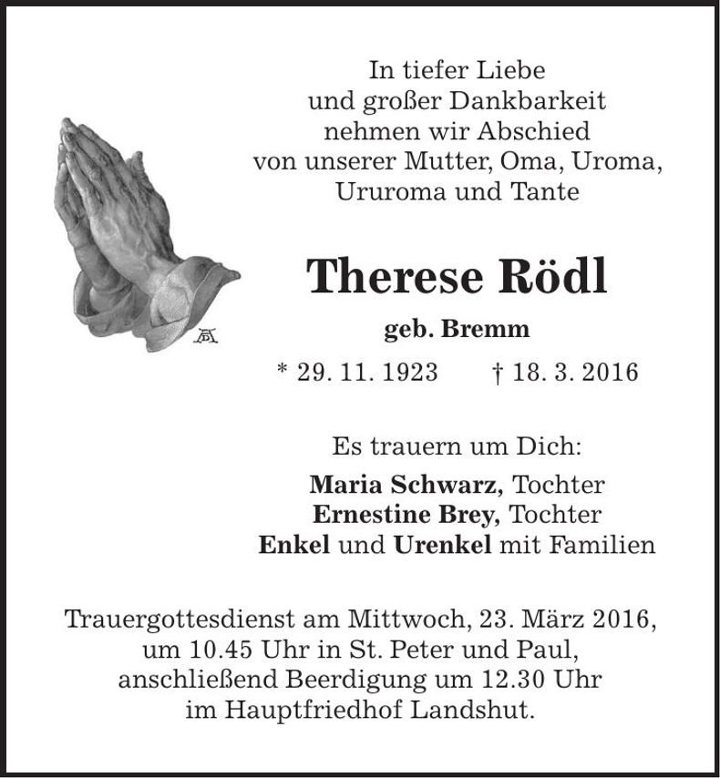 Traueranzeige Therese Rödl