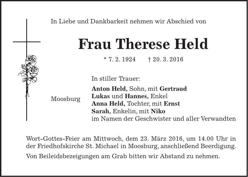 Traueranzeige Therese Held