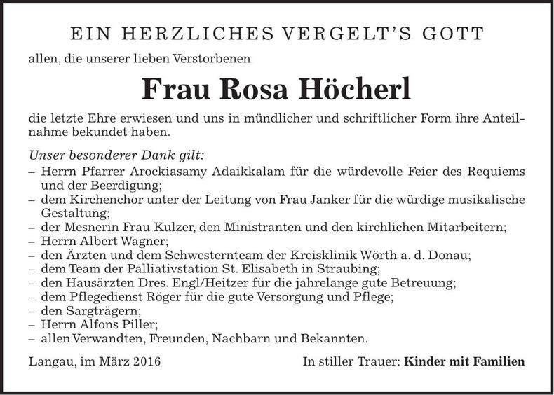 Traueranzeige Rosa Höcherl