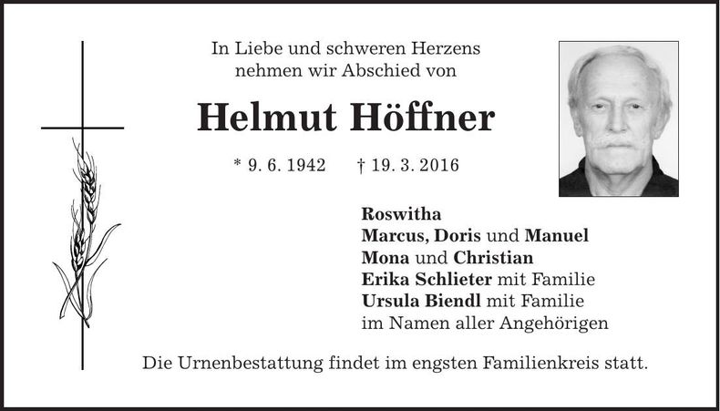 Traueranzeige Helmut Höffner
