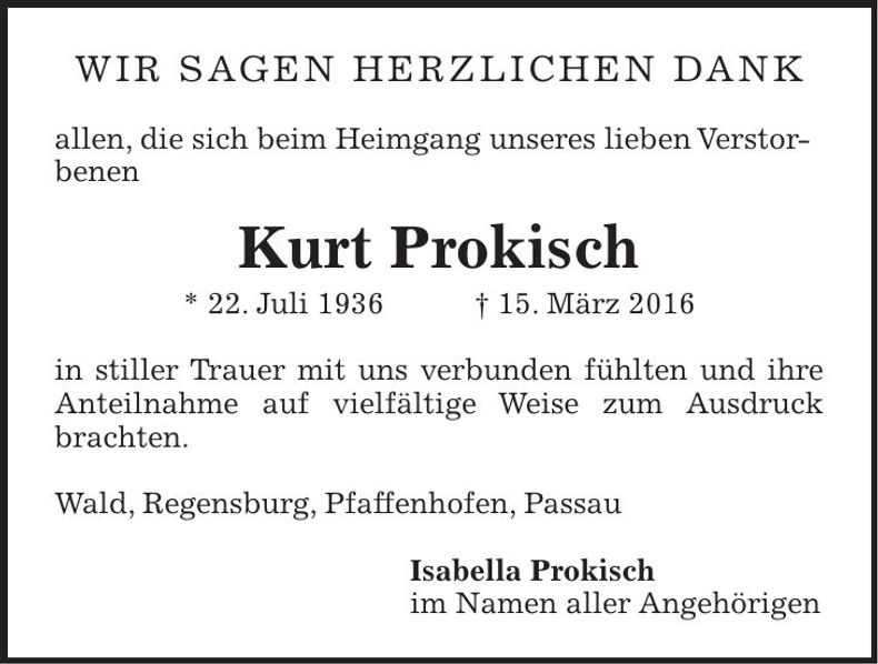 Traueranzeige Kurt Prokisch