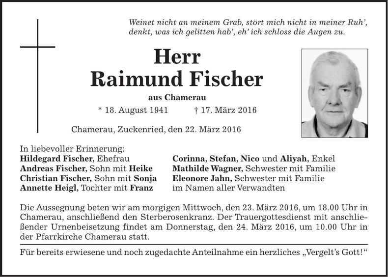 Traueranzeige Raimnund Fischer