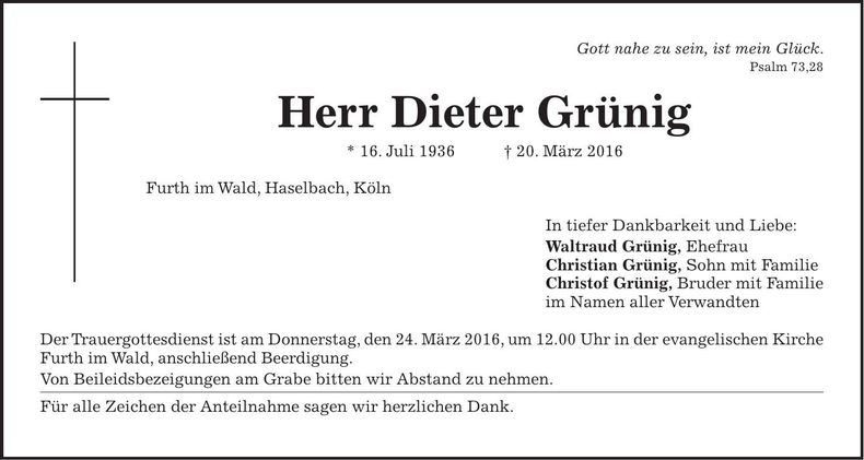 Traueranzeige Dieter Grünig