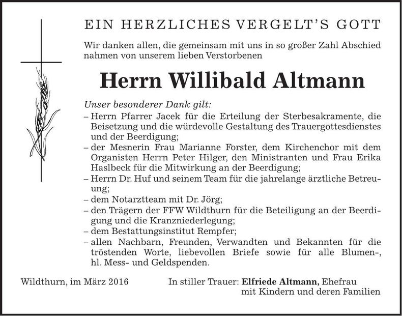 Traueranzeige Willibald Altmann