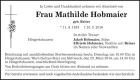 Traueranzeige Mathilde Hobmaier