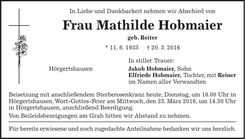 Traueranzeige Mathilde Hobmaier