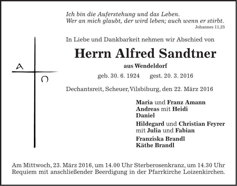 Traueranzeige Alfred Sandtner