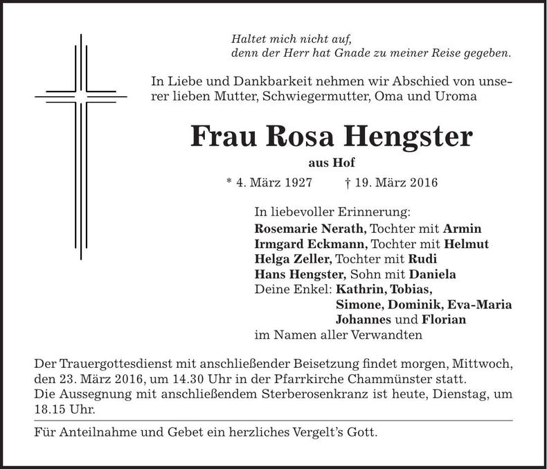 Traueranzeige Rosa Hengster