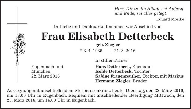 Traueranzeige Elisabeth Detterbeck