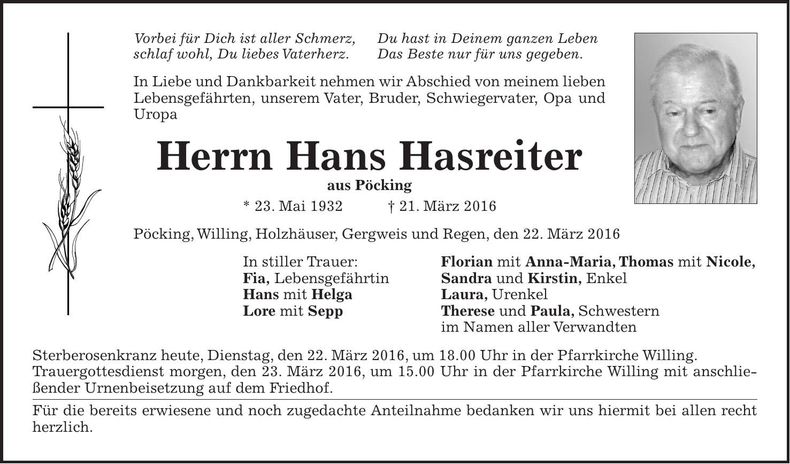 Traueranzeige Hans Hasreiter
