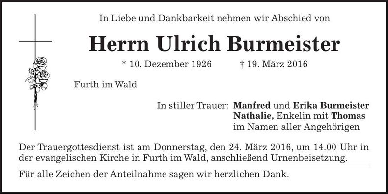 Traueranzeige Ulrich Burmeister