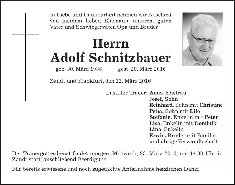 Traueranzeige Adolf Schitzbauer