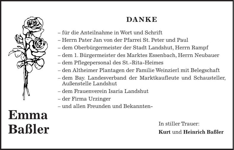 Traueranzeige Emma Baßler