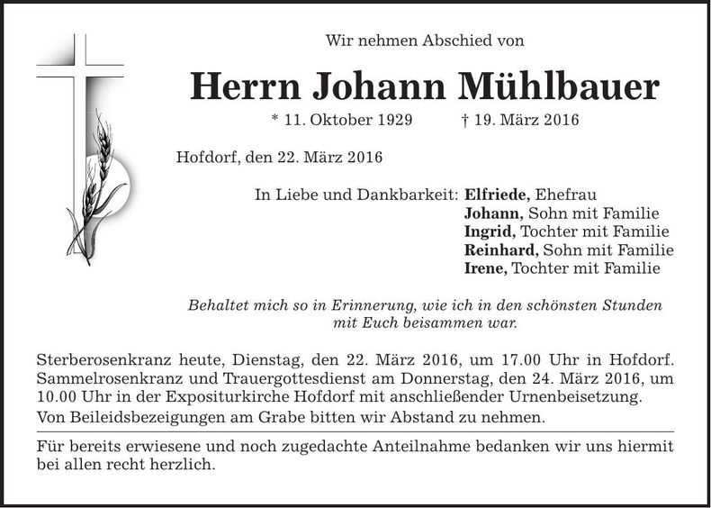 Traueranzeige Johann Mühlbauer