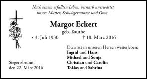 Traueranzeige Margot Eckert